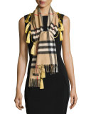 Cashmere Giant Check Tassel Scarf, Camel