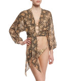 Python-Print Tie-Front Coverup Crop Top