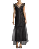 Sleeveless Tulle Overlay Slip Dress, Black
