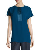 Azalea Short-Sleeve Half-Placket Silk Blouse, Aegean