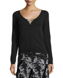 Long-Sleeve Lace-Up Sweater, Nero 