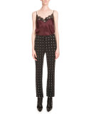 Printed Cady Straight-Leg Cropped Pants, Black