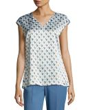 Bryson Cap-Sleeve Havana Hexagon-Print Silk Blouse, Multi