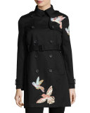 Double-Breasted Trench Coat w/ Embroidered Hummingbirds, Nero