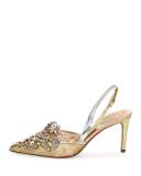 Jeweled Lace & Snakeskin Slingback 75mm Pump, Gold