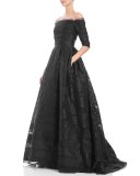 Off-the-Shoulder 3/4-Sleeve Fil Coupe Ball Gown, Black