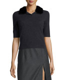Mink-Collar Polo Sweater, Charcoal Melange