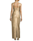 Cap-Sleeve V-Neck Bandage Gown, Rose Gold