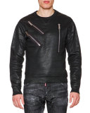 Faux-leather Sweatshirt with Zip-Detail, Black