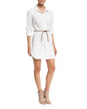 Long-Sleeve Button-Front Shirtdress, White