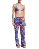 Floral-Print Wide-Leg Coverup Pants, Blue Multi