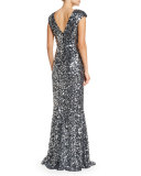 Alyssa Cap-Sleeve Sequined Gown, Silver