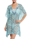 Lace-Up Sheer Printed Coverup Tunic