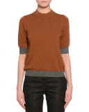 Half-Sleeve Jewel-Neck Two-Tone Sweater, Cognac/Gray