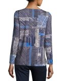 Grid-Print Long-Sleeve Tunic, Blue