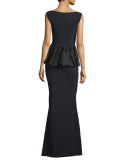 Sleeveless V-Neck Peplum Gown, Black