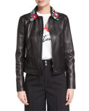 Leather Jacket with Flower Appliques 