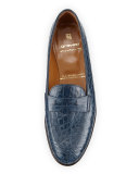 Crocodile-Embossed Penny Loafer, Denim