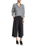 Long-Sleeve Oversized Gingham Utility Shirt, Navy/White