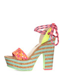 Jade Ankle-Wrap Platform Sandal, Fluorescent Orange/Multi