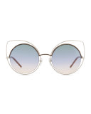 Exaggerated Metal Cat-Eye Sunglasses, Silver/Blue