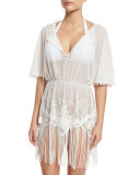 Dea Lace Cutout-Back Coverup Dress with Pompom & Fringe Trim