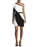One-Shoulder Lace-Sleeve Minidress, White/Black