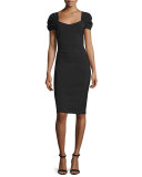 Cristal Ruched-Sleeve Sheath Dress, Nero