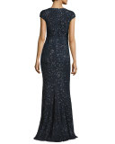 Fleur Beaded Cap-Sleeve V-Neck Gown, Navy