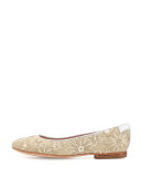 Bud Floral-Embellished Ballerina Flat, Beige/White