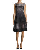 sleeveless pleated geometric tile dress, black