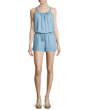 Sleeveless Drawstring-Waist Romper, Light Wash