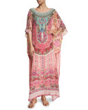 Round-Neck Printed Beaded Caftan Coverup, Belleza Flor