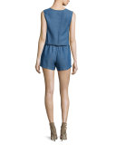 Sleeveless Button-Front Romper, Medium Wash
