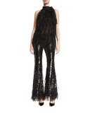 Sequined Flare-Leg Pants with Feathers, Black