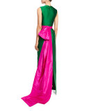 Sleeveless Column Gown w/Contrast Sash, Evergreen/Hot Pink