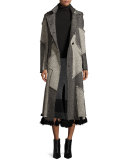 Patchwork Tweed Double-Breasted Coat, White/Black