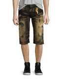 Bleach-Dyed Distressed Denim Shorts, Black