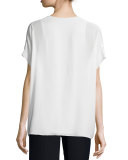 Pintuck Split-Neck Silk Top, Off White