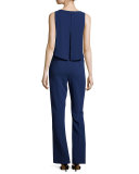 Sleeveless Belted Crepe Jumpsuit, Indigo