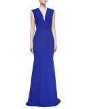 Cap-Sleeve V-Neck Tailored Gown 