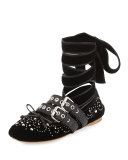 Velvet Ankle-Wrap Ballerina Flat, Nero