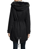 Literary Fur-Trim Cotton Parka Coat, Black