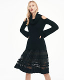 Frances Pleated Lace-Paneled A-Line Skirt, Black