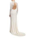 Eva Long-Sleeve Open-Back Combo Gown, Off White