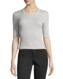 Short-Sleeve Engineered Ribbed-Knit Sweater, Foggy