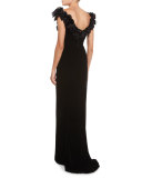 Floral-Appliqué High-Slit Velvet Gown, Black