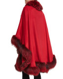 Cashmere Maxi Cape W/Fur Trim, Red