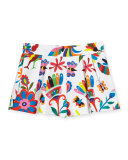 Pleated Canvas Folkloric Shorts, Multicolor, Size 8-16