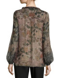 Ashton Bishop-Sleeve Floral-Print Silk Blouse, Golden Mist